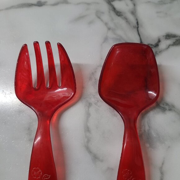 VTG Mid-Century RED Hard Plastic Serving Spoon Fork Salad Set USA Made 8.5" - Picture 3 of 5